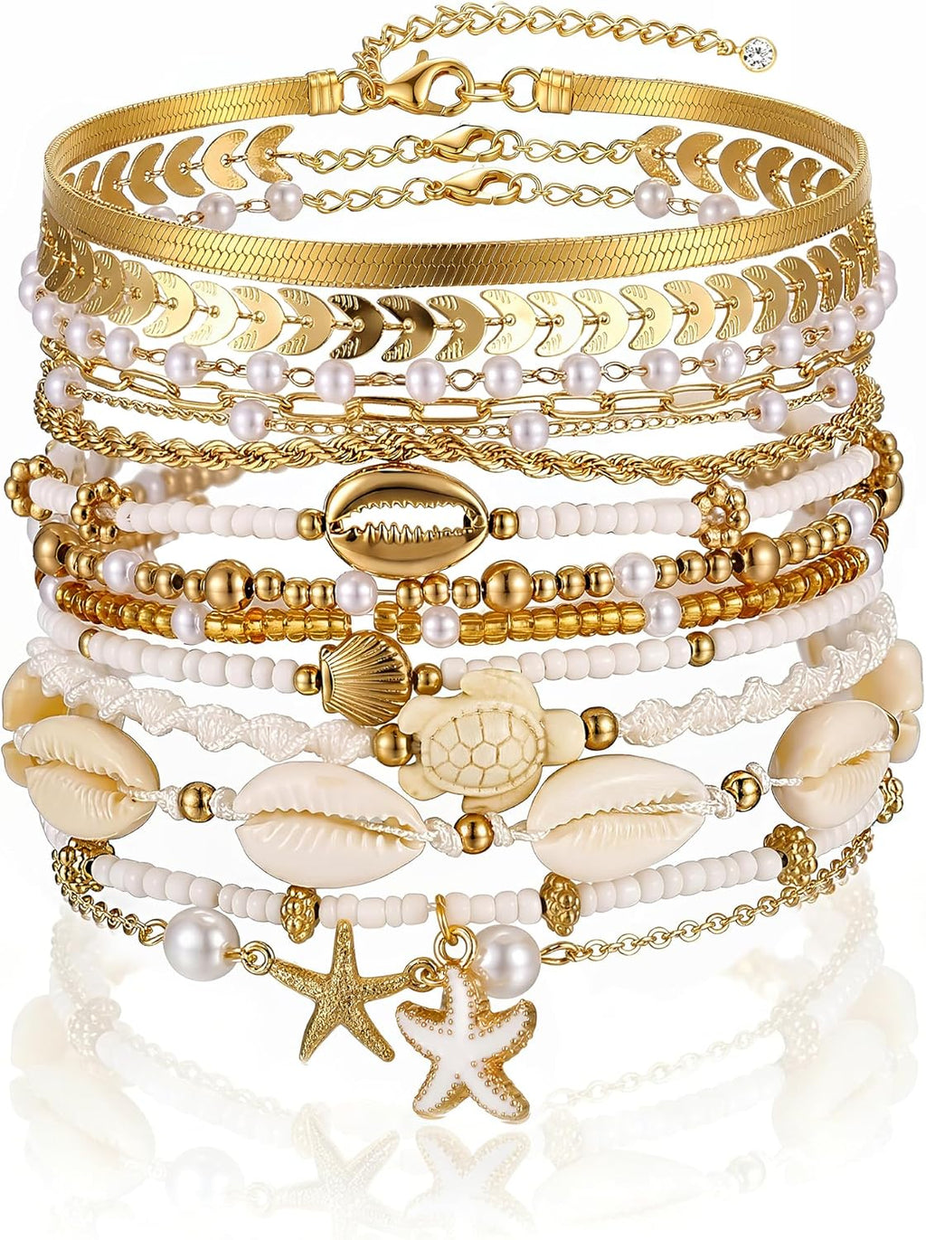 FAXHION Boho Gold Beaded Bracelets for Women, Starfish & Shell Pendant Bracelet Stack, Gold Bracelet Set Summer Beach Jewelry Gifts