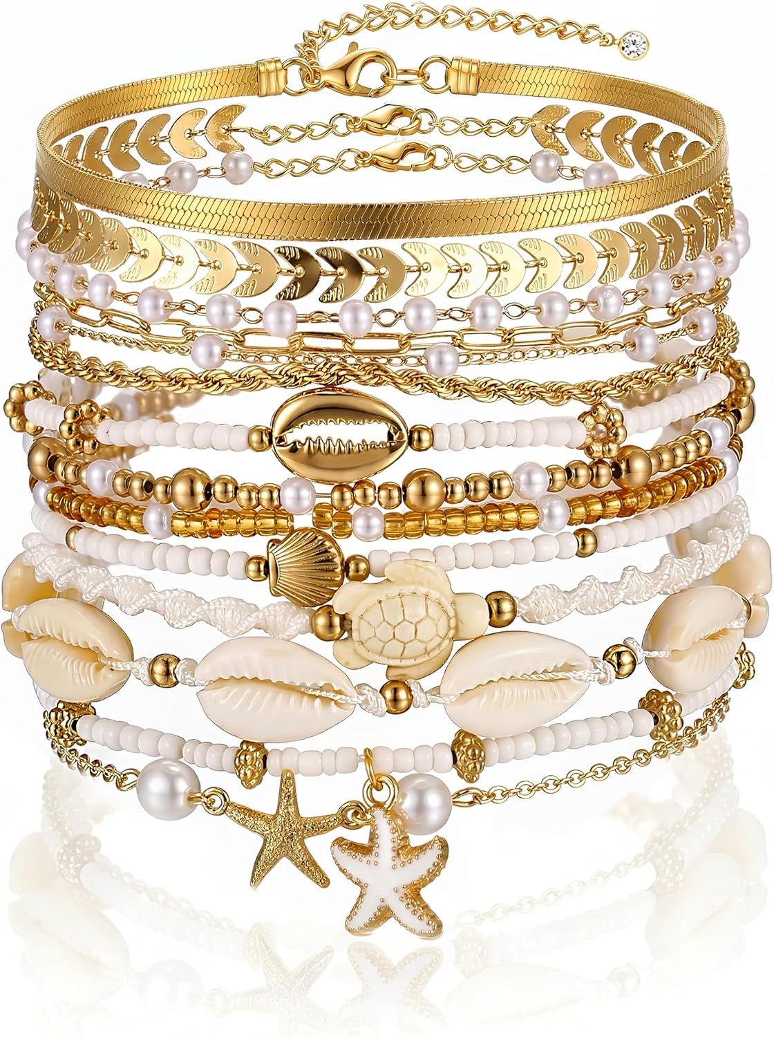 FAXHION Boho Gold Beaded Bracelets for Women, Starfish & Shell Pendant Bracelet Stack, Gold Bracelet Set Summer Beach Jewelry Gifts