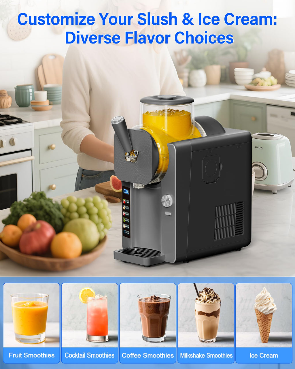 Slush Machine & Ice Cream Maker Machine 2-IN-1, for Smoothies, Margarita | 6 Modes for Smoothies, Milkshakes, Margarita, and Ice Cream, Double-Layer Tank, With Ice Cream Cone Holder, Home Use