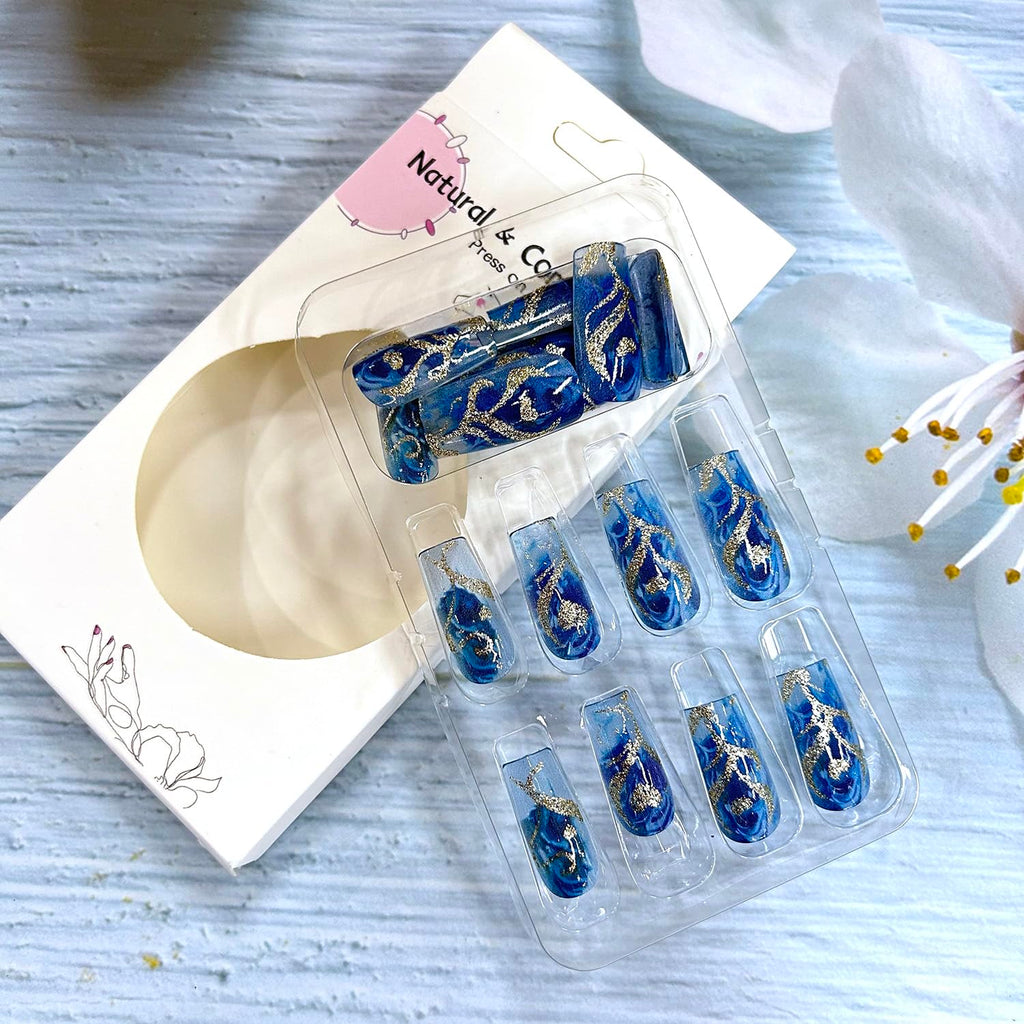 Glitter Powder Love Heart Press on Nails Long Square Gold Glitter Stripes Design Blue Gradient Acrylic Fake Nail Full Cover Glossy Artificial Fingernails DIY Reusable Glue on Nails for Women 24Pcs