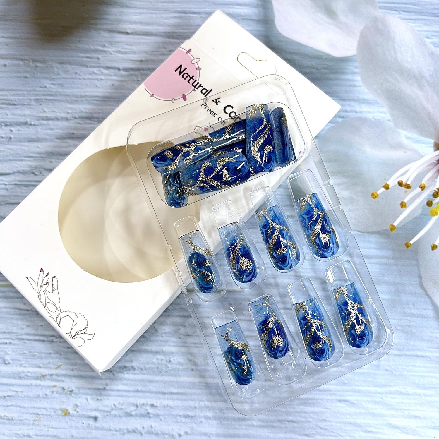 Glitter Powder Love Heart Press on Nails Long Square Gold Glitter Stripes Design Blue Gradient Acrylic Fake Nail Full Cover Glossy Artificial Fingernails DIY Reusable Glue on Nails for Women 24Pcs