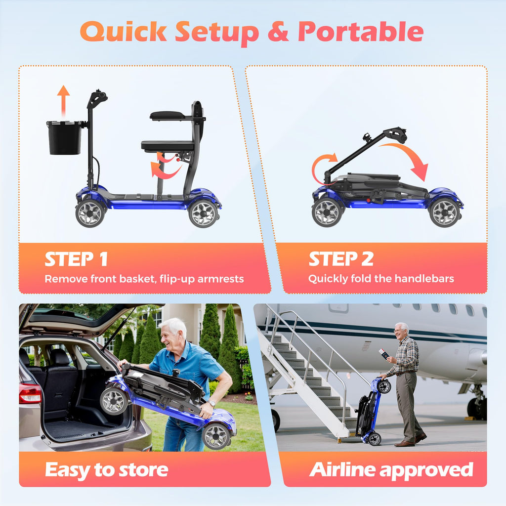 Lightweight Mobility Scooter for Seniors & Adults - Cruise & Airport Approved, 43lb Foldable Portable Motorized Scooters with Removable Lithium Battery for 12.4 Miles Travel, 300lb Capacity, Red