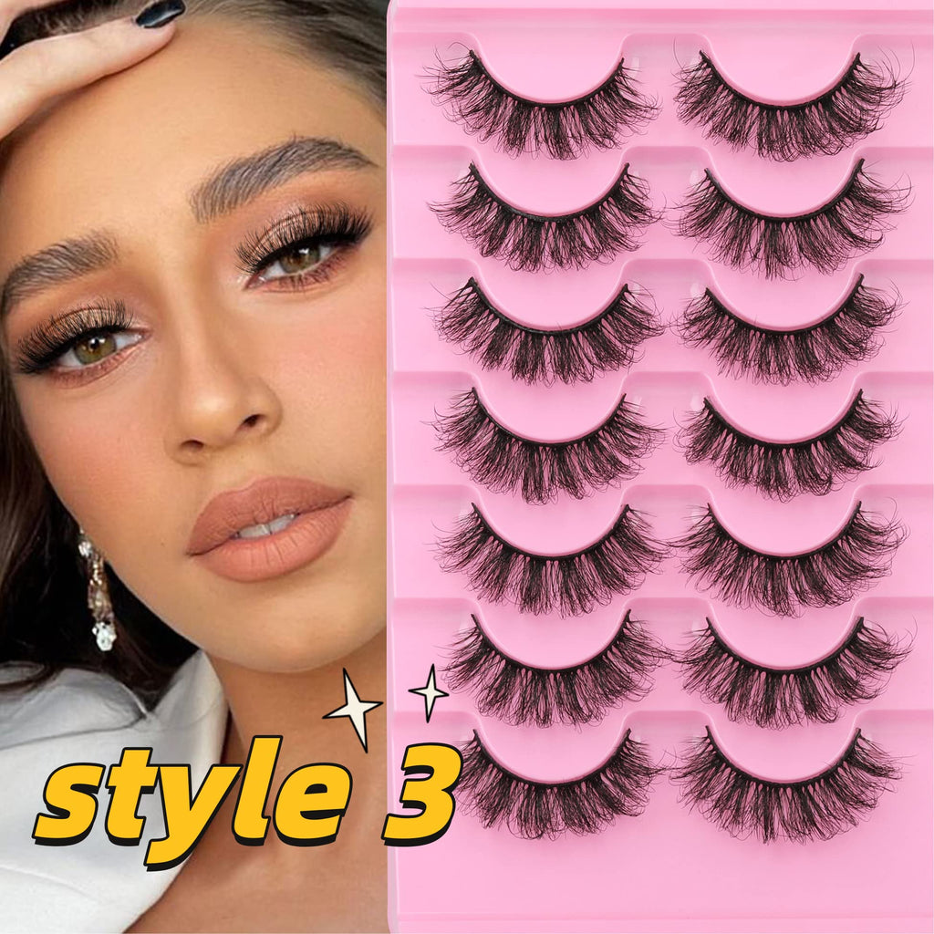 Mink Lashes Fluffy False Eyelashes Natural Look 14-17mm Cat Eye Lashes Pack, 5D Wispy Curly Fake Lashes by TNFVLONEINS - 21 Pairs 3 Styles