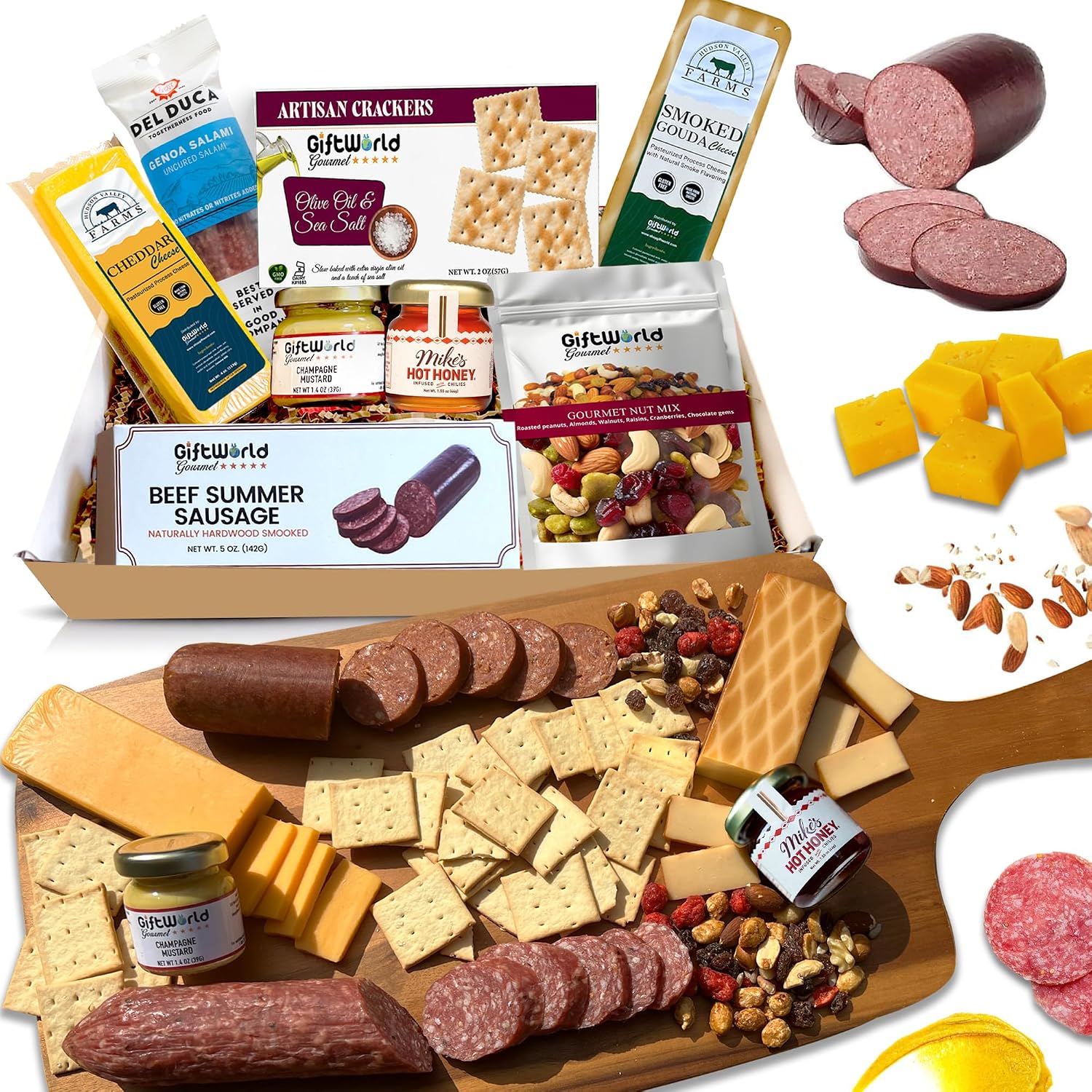 Charcuterie Meat and Cheese Gift Basket, Charcuterie Board Food Items, Food Gifts for Men, Meat Sampler For Men, Tailgating, Business, Congratulations, Care Packages, Thanksgiving and Christmas Gift (8-item Bundle)