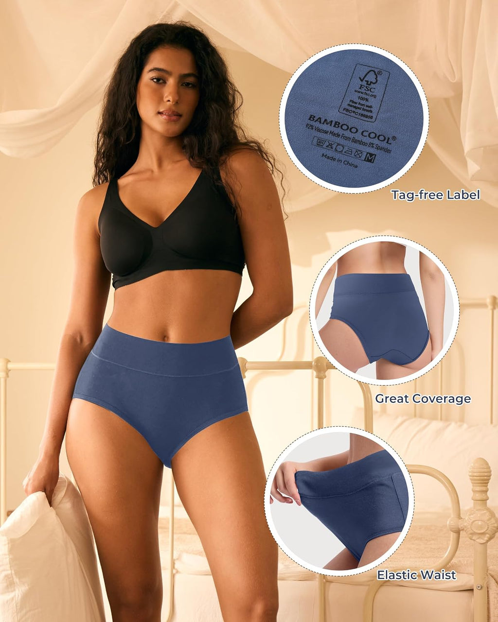 BAMBOO COOL Women's Underwear High Waisted Briefs Full Coverage Soft and Breathable Panties, 5-Pack