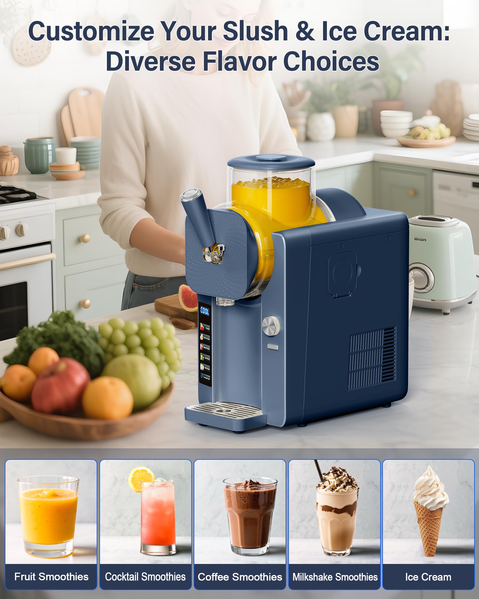 Slush Machine & Ice Cream Maker Machine 2-IN-1, for Smoothies, Margarita | 6 Modes for Smoothies, Milkshakes, Margarita, and Ice Cream, Double-Layer Tank, With Ice Cream Cone Holder, Home Use