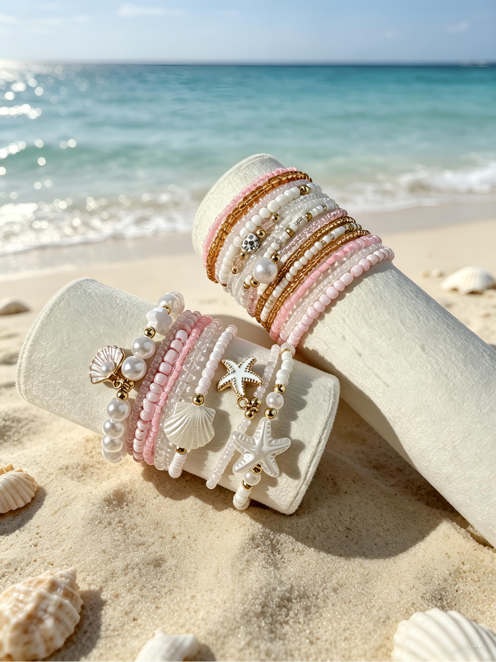 FAXHION Boho Gold Beaded Bracelets for Women, Starfish & Shell Pendant Bracelet Stack, Gold Bracelet Set Summer Beach Jewelry Gifts