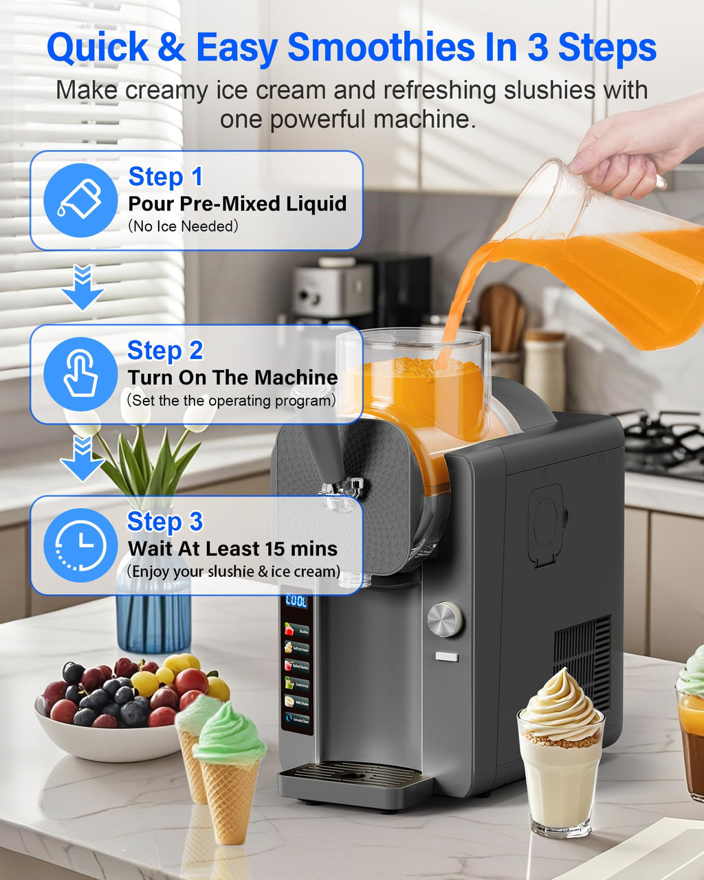 Slush Machine & Ice Cream Maker Machine 2-IN-1, for Smoothies, Margarita | 6 Modes for Smoothies, Milkshakes, Margarita, and Ice Cream, Double-Layer Tank, With Ice Cream Cone Holder, Home Use