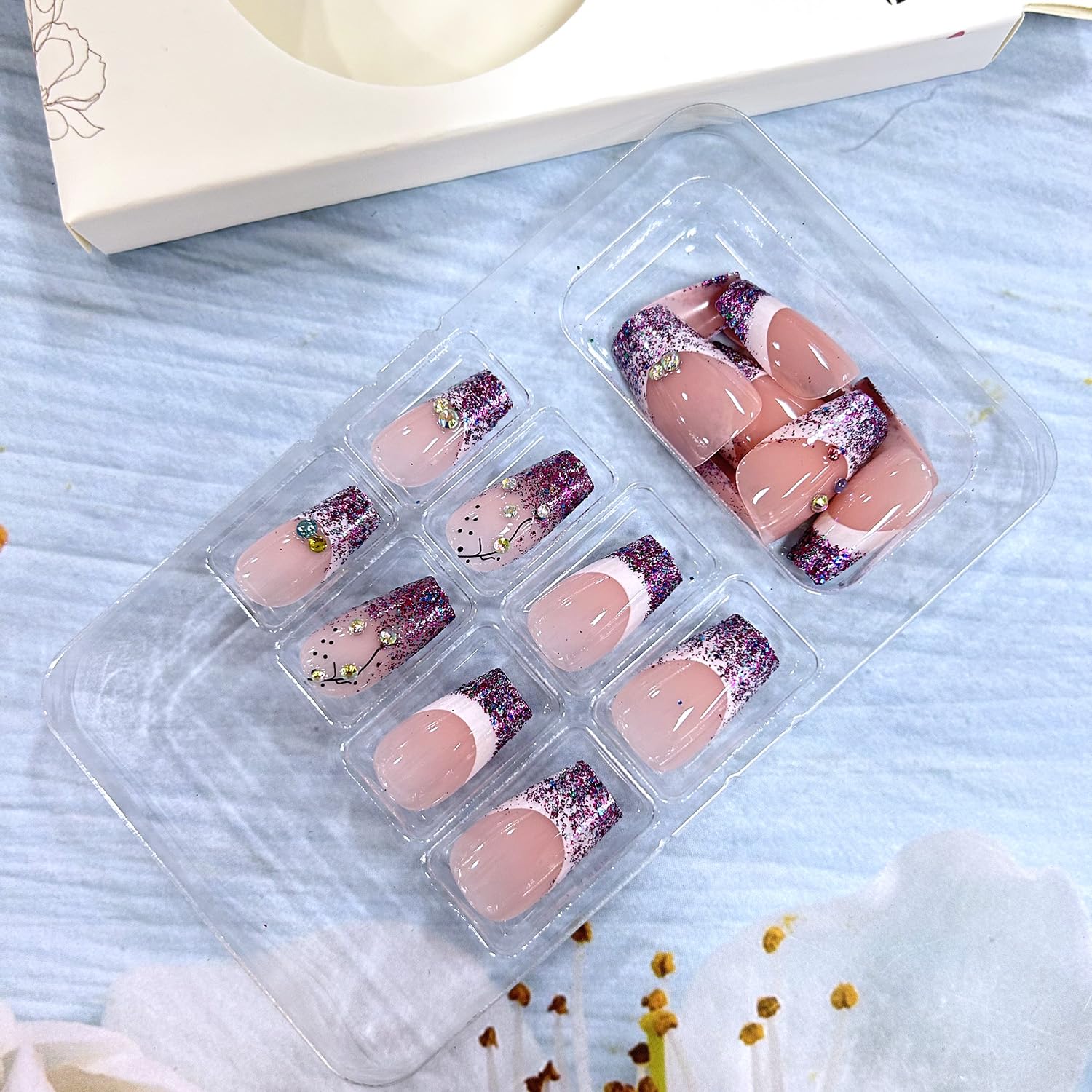 Glitter Powder Love Heart Press on Nails Long Square Gold Glitter Stripes Design Blue Gradient Acrylic Fake Nail Full Cover Glossy Artificial Fingernails DIY Reusable Glue on Nails for Women 24Pcs