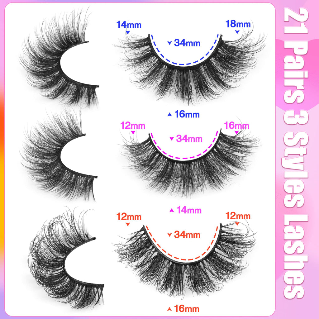 Mink Lashes Fluffy False Eyelashes Natural Look 14-17mm Cat Eye Lashes Pack, 5D Wispy Curly Fake Lashes by TNFVLONEINS - 21 Pairs 3 Styles