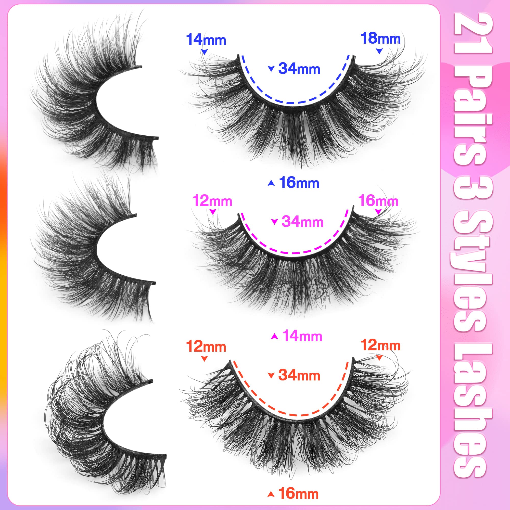 Mink Lashes Fluffy False Eyelashes Natural Look 14-17mm Cat Eye Lashes Pack, 5D Wispy Curly Fake Lashes by TNFVLONEINS - 21 Pairs 3 Styles