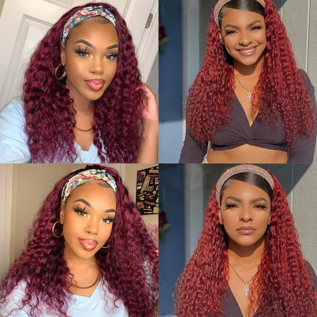 Aiterina Headband Wig Deep Wave 12 Inch Human Hair Headband Wig Curly hair Glueless Human Hair Wigs Machine Made No Lace deep Curly Headband Wigs Natural color