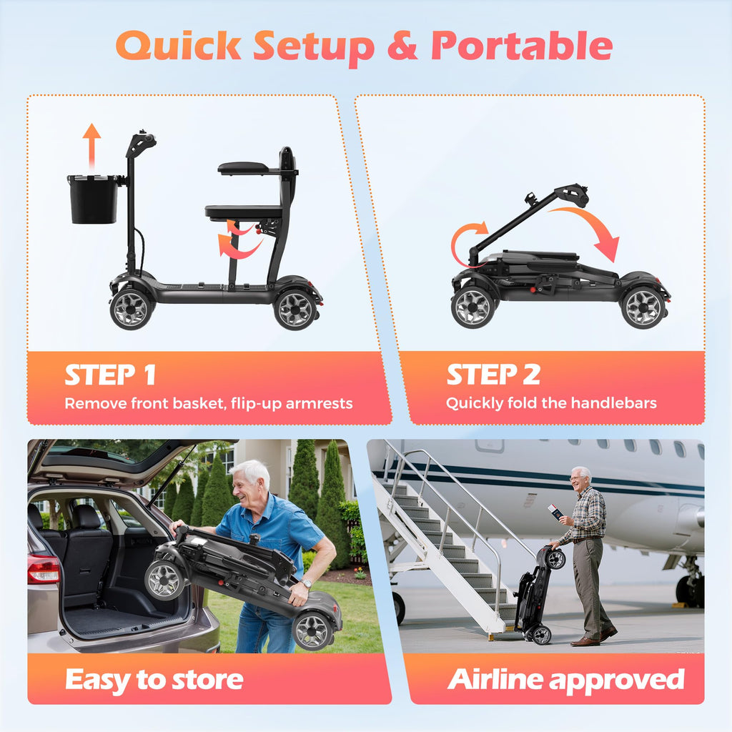 Lightweight Mobility Scooter for Seniors & Adults - Cruise & Airport Approved, 43lb Foldable Portable Motorized Scooters with Removable Lithium Battery for 12.4 Miles Travel, 300lb Capacity, Red