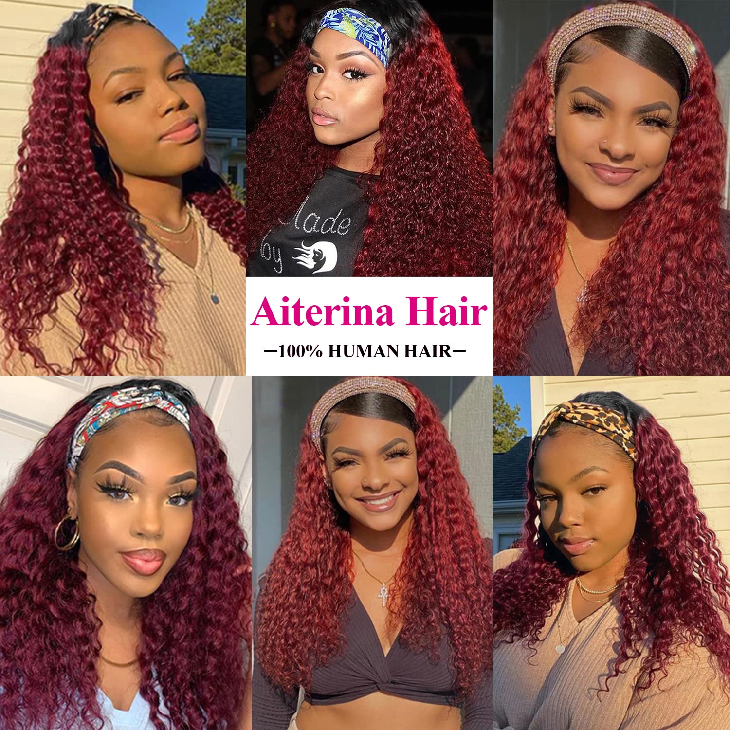 Aiterina Headband Wig Deep Wave 12 Inch Human Hair Headband Wig Curly hair Glueless Human Hair Wigs Machine Made No Lace deep Curly Headband Wigs Natural color