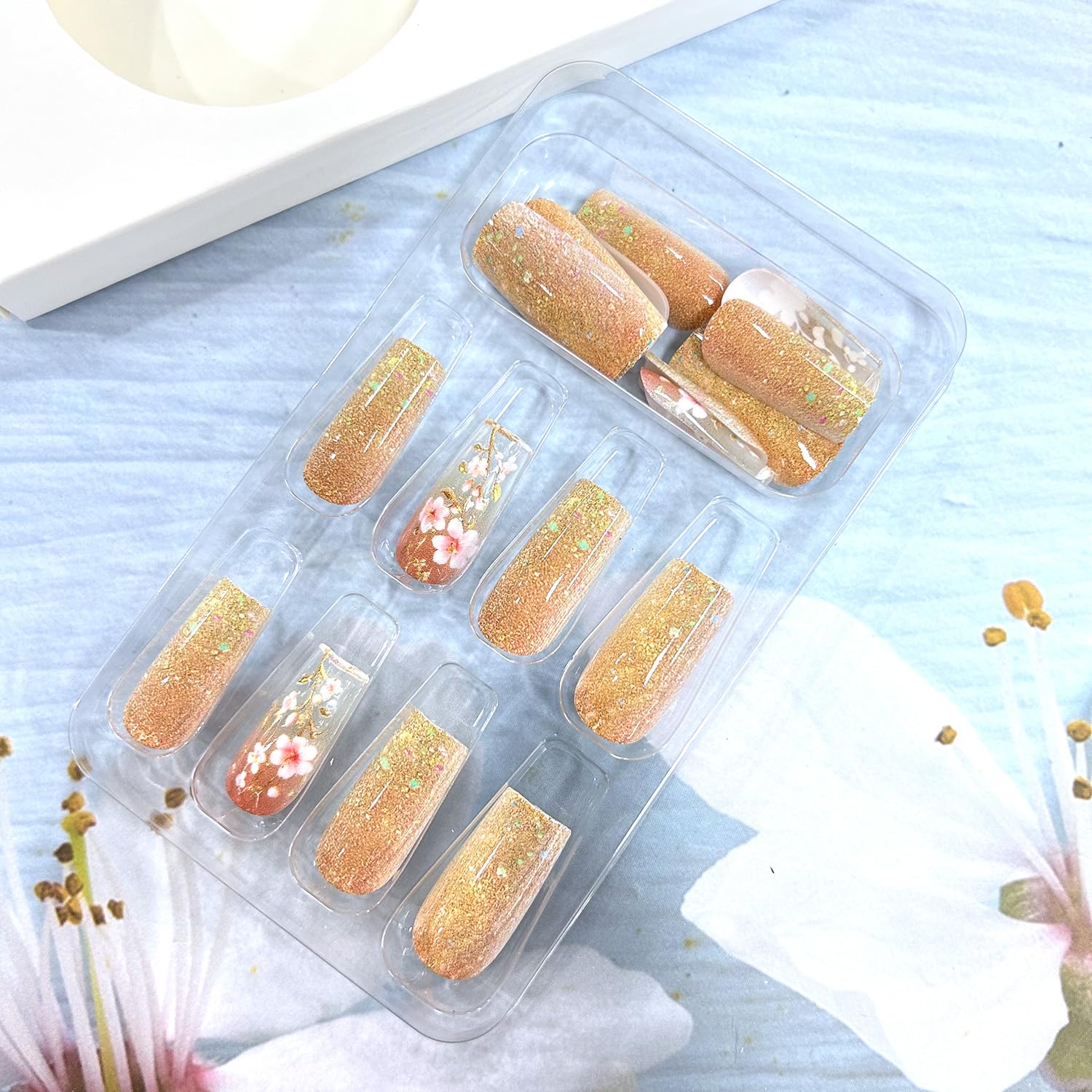 Glitter Powder Love Heart Press on Nails Long Square Gold Glitter Stripes Design Blue Gradient Acrylic Fake Nail Full Cover Glossy Artificial Fingernails DIY Reusable Glue on Nails for Women 24Pcs