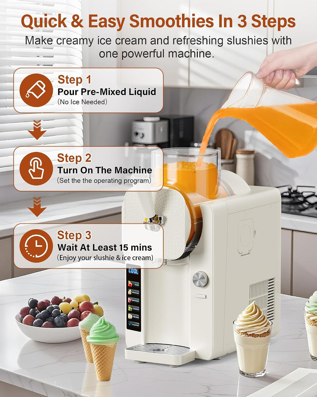 Slush Machine & Ice Cream Maker Machine 2-IN-1, for Smoothies, Margarita | 6 Modes for Smoothies, Milkshakes, Margarita, and Ice Cream, Double-Layer Tank, With Ice Cream Cone Holder, Home Use