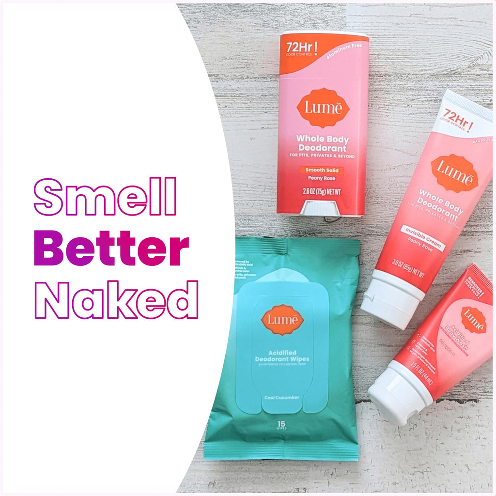 Lume Skin Care Gift Set for Women, Whole Body Deodorant Starter Pack -Smooth Solid Stick, Invisible Cream Tube, Acidified Body Wash Mini & Deodorant Wipes -Aluminum Free Odor Control (Clean Tangerine)