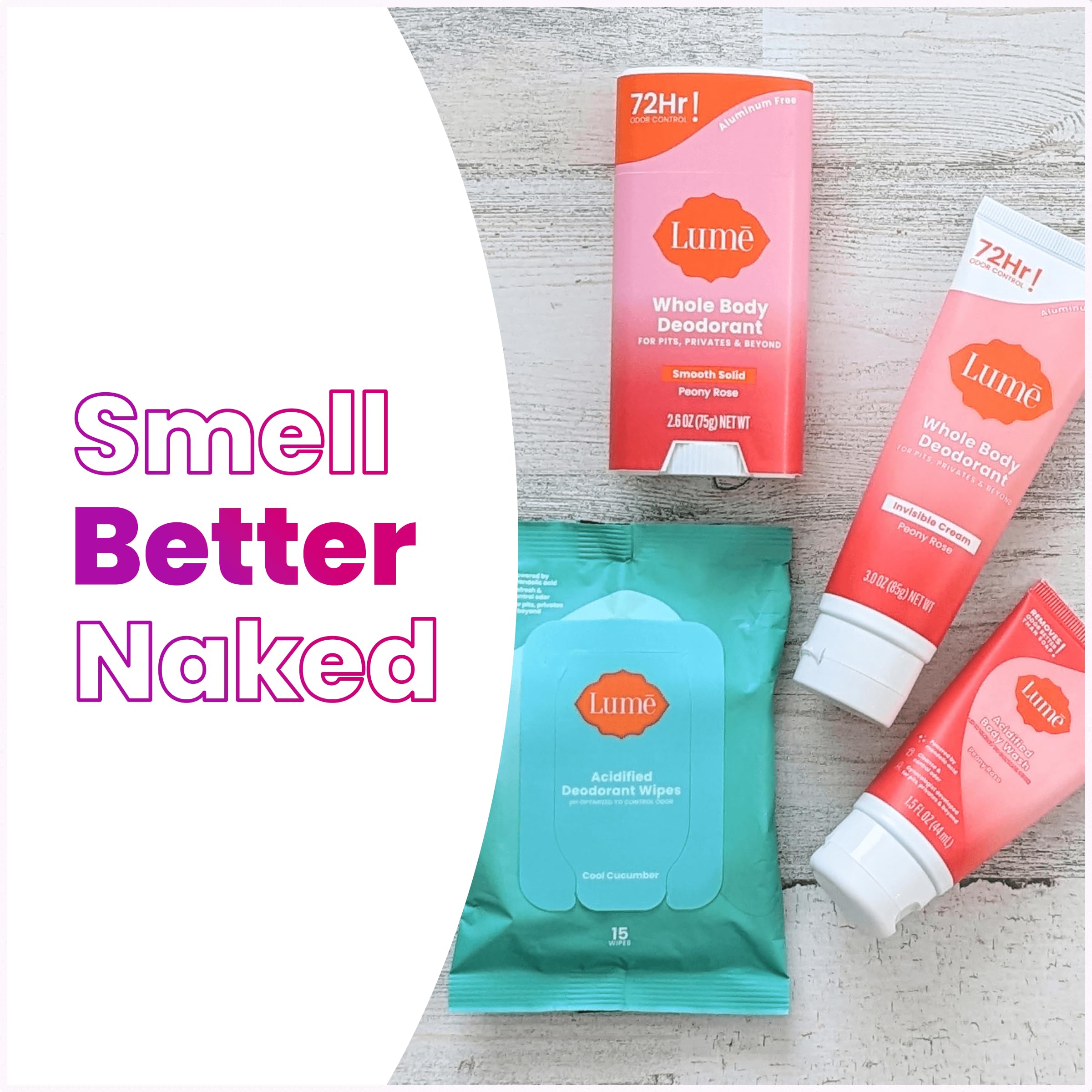 Lume Skin Care Gift Set for Women, Whole Body Deodorant Starter Pack -Smooth Solid Stick, Invisible Cream Tube, Acidified Body Wash Mini & Deodorant Wipes -Aluminum Free Odor Control (Clean Tangerine)