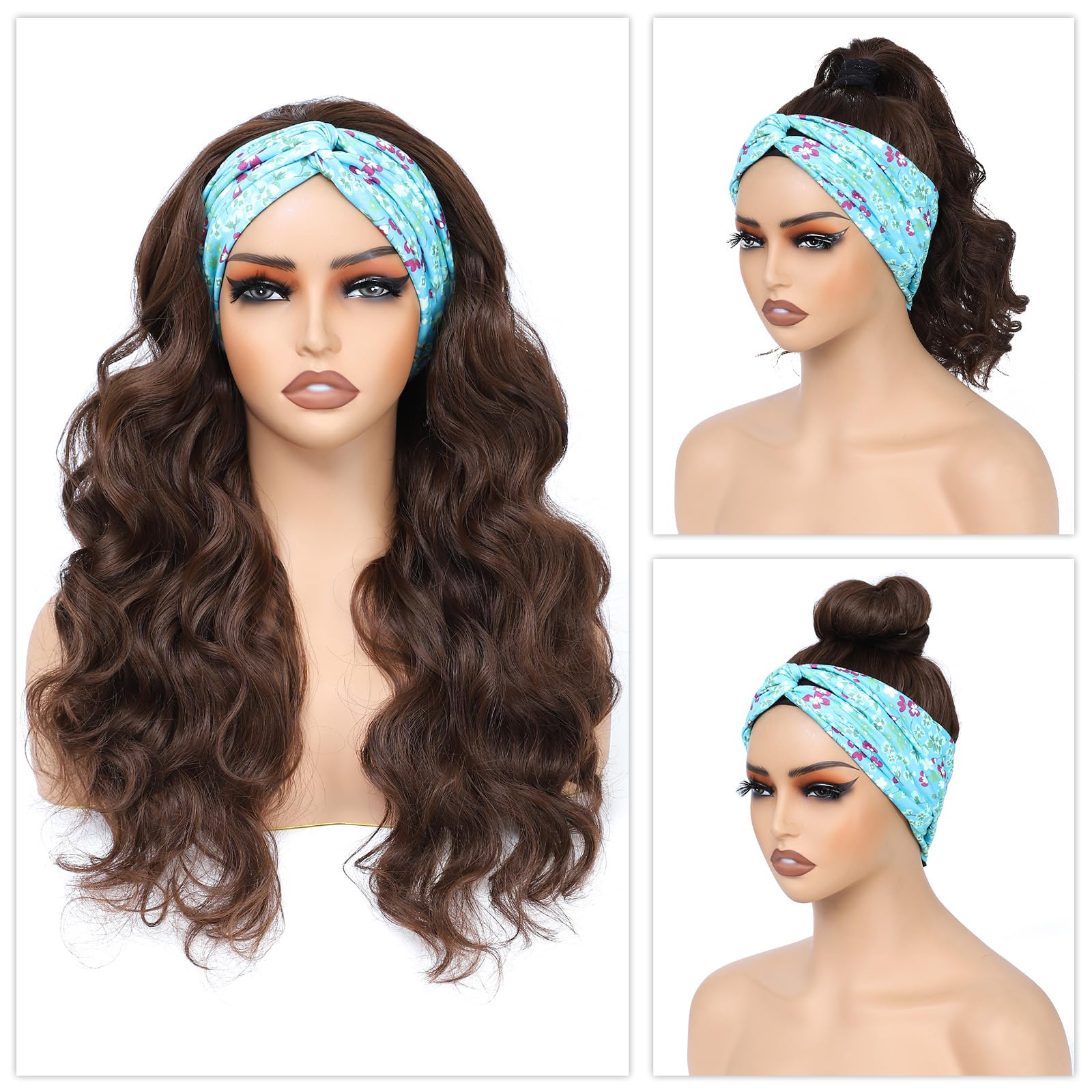 Long Wavy Headband Wig for Women Black Wigs with Brown Blonde Highlight 200% Denisty Headband Wigs Put On and Go Glueless Wig Long Synthetic Wig for Women Party Daliy Use