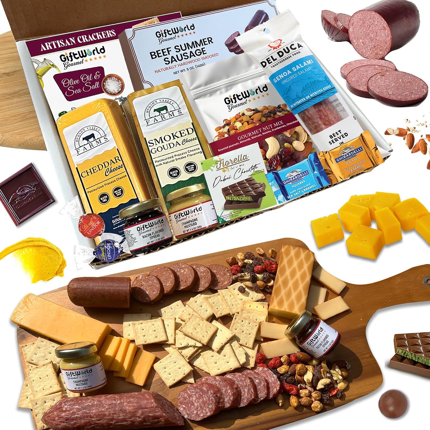 Charcuterie Meat and Cheese Gift Basket, Charcuterie Board Food Items, Food Gifts for Men, Meat Sampler For Men, Tailgating, Business, Congratulations, Care Packages, Thanksgiving and Christmas Gift (8-item Bundle)