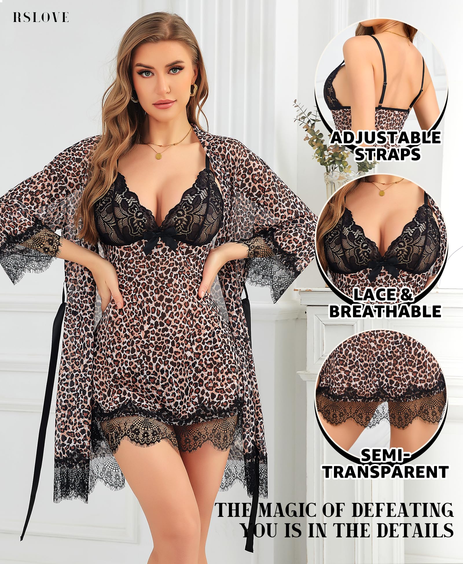 RSLOVE Women Sexy Lingerie Set 3 Piece Babydoll & Lace Kimono Robe Strap Chemise Sleepwear Mesh Nightgown