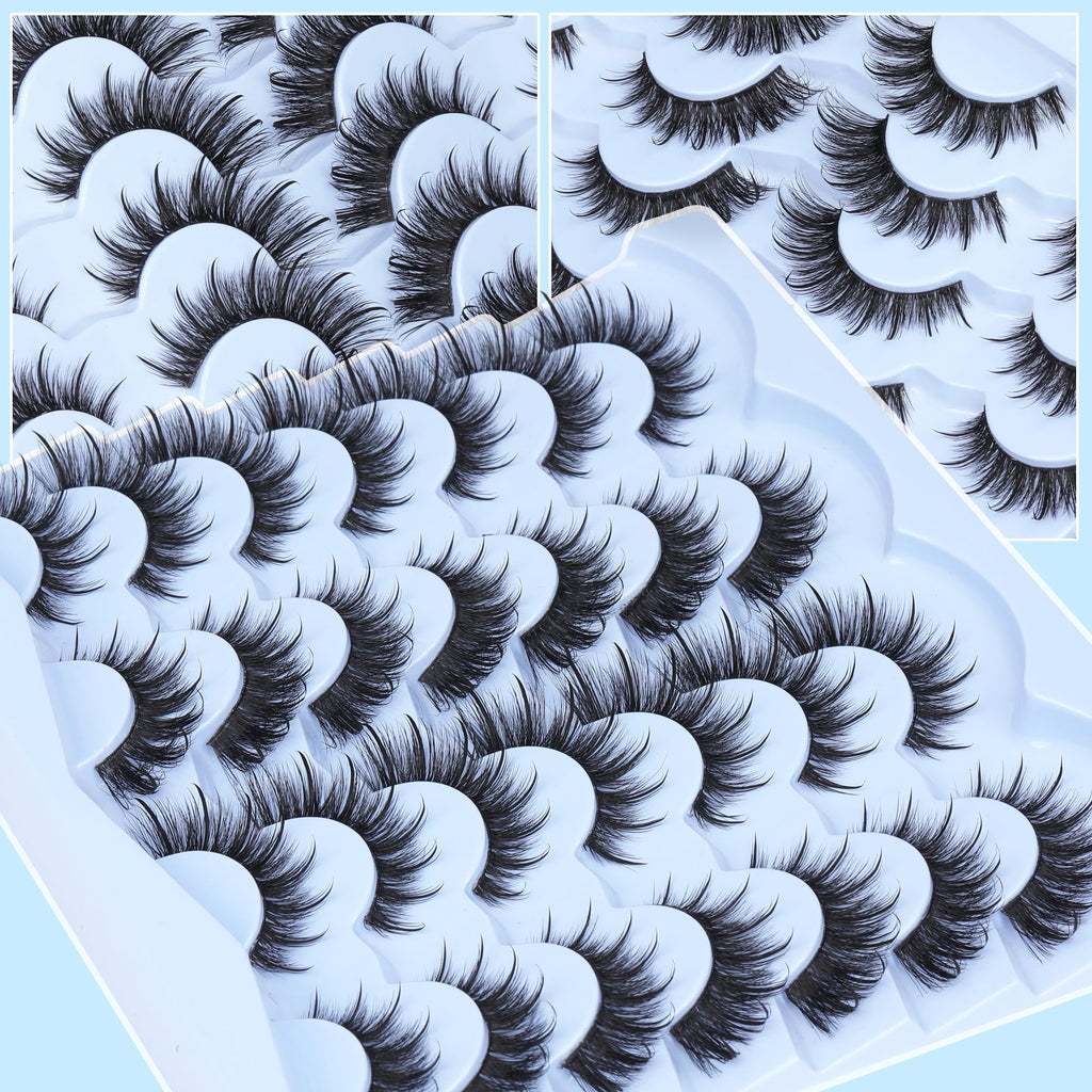 Mink Lashes Fluffy False Eyelashes Natural Look 14-17mm Cat Eye Lashes Pack, 5D Wispy Curly Fake Lashes by TNFVLONEINS - 21 Pairs 3 Styles