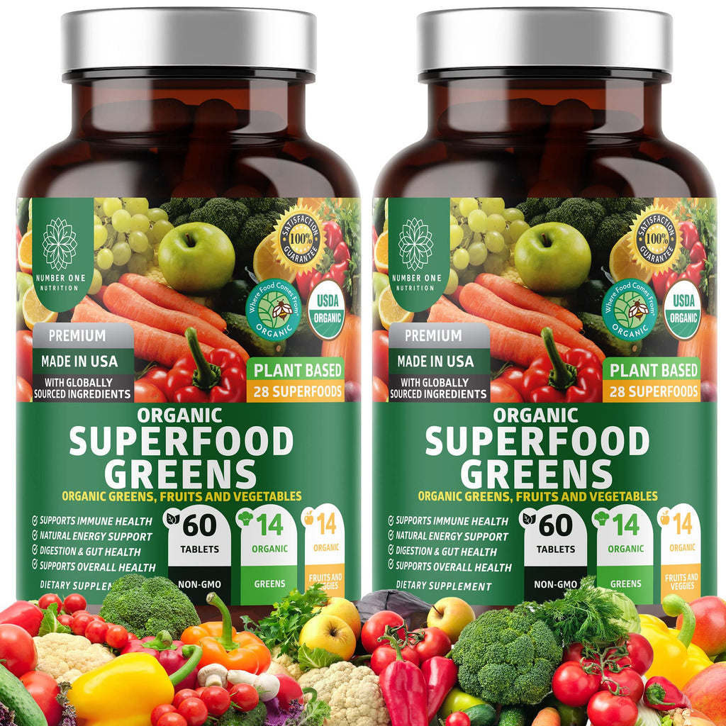 Number One Nutrition USDA Organic and Easy-to-Take Super Greens, Better Than Powder Fruits & Veggies Supplement with 28 Superfood Ingredients Like Alfalfa, Beet Root and Ginger, 60 Tablets