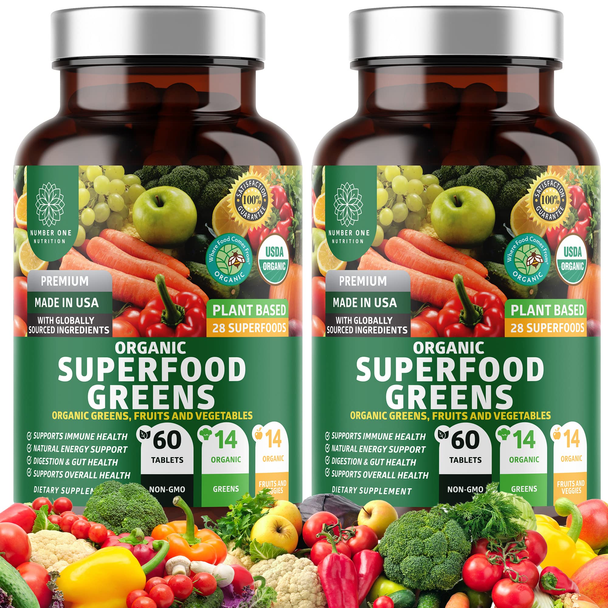 Number One Nutrition USDA Organic and Easy-to-Take Super Greens, Better Than Powder Fruits & Veggies Supplement with 28 Superfood Ingredients Like Alfalfa, Beet Root and Ginger, 60 Tablets